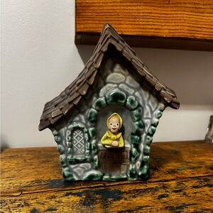 Ceramic Cottage Wall Pocket with Yellow Pixie Figure